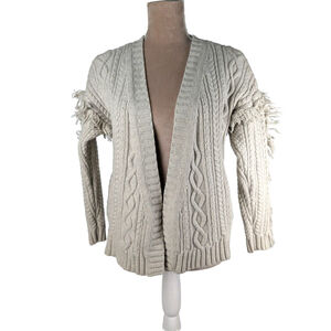 Madewell Cable Knit Fringe Merino Fisherman Open Front Cardigan Wool Creme Sz S